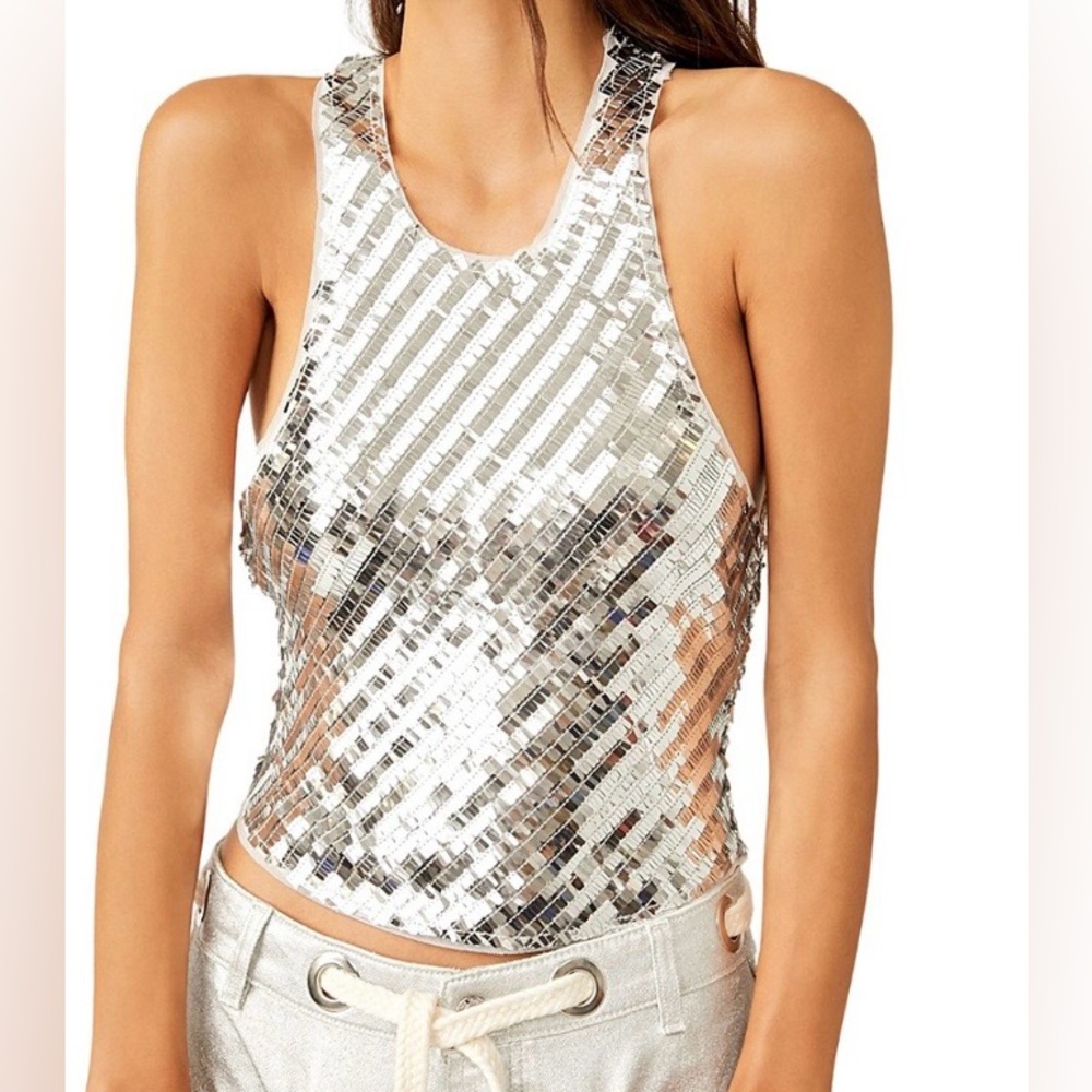 Free People Metallic Silver Sequin Racerback Tank